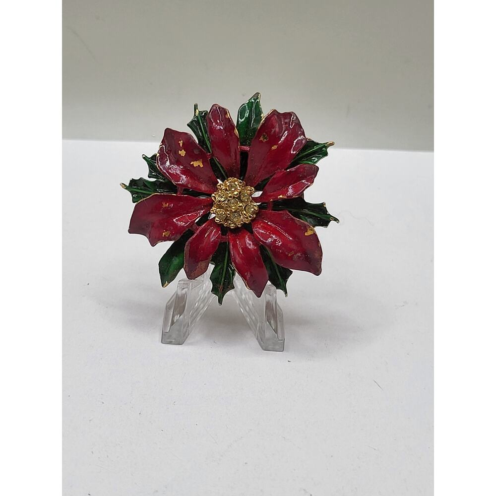 Vintage JJ Poinsettia Brooch Red Green Enamel Gold Tone 2 Inch